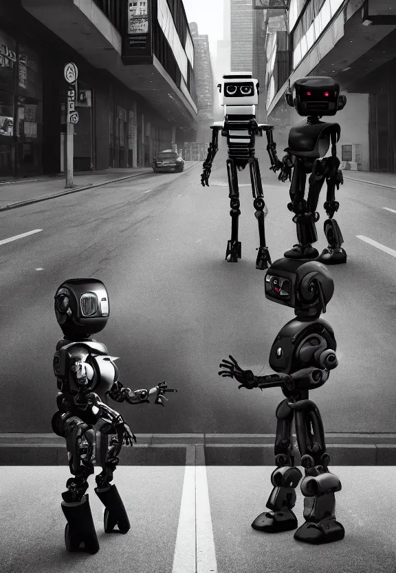 Image similar to a sad photograph two evil robots point each other, large shot, wide shot, in a street, cyberpunk photo,