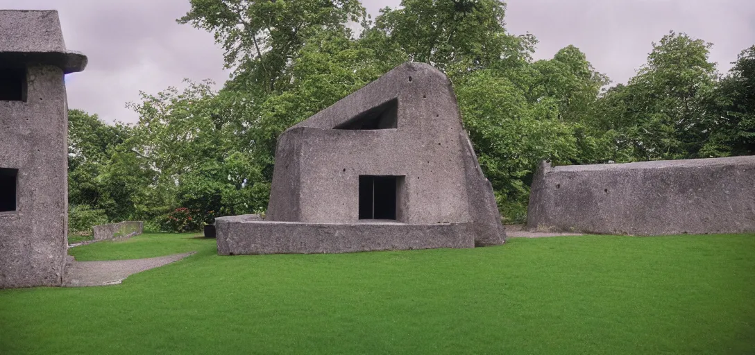 Image similar to scottish blackhouse designed by le corbusier. outdoor landscaping designed by roberto burle marx. fujinon premista 1 9 - 4 5 mm t 2. 9. portra 8 0 0.