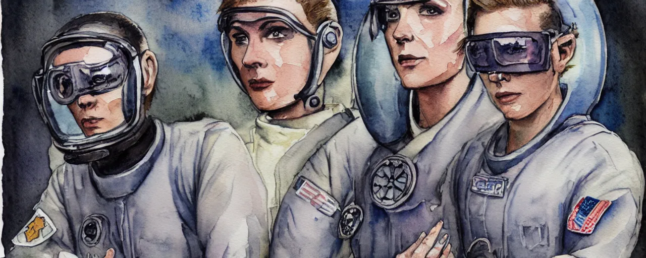 Image similar to watercolor character concept art 3 / 4 portrait of tattooed stoic heroic emotionless butch blonde woman engineer with short slicked - back hair, wearing dirty flight suit, wearing dark victorian goggles, working inside reactor room, awkward and uncomfortable and anxious, dirty. mike mignogna, ron cobb, industrial space program, scifi.