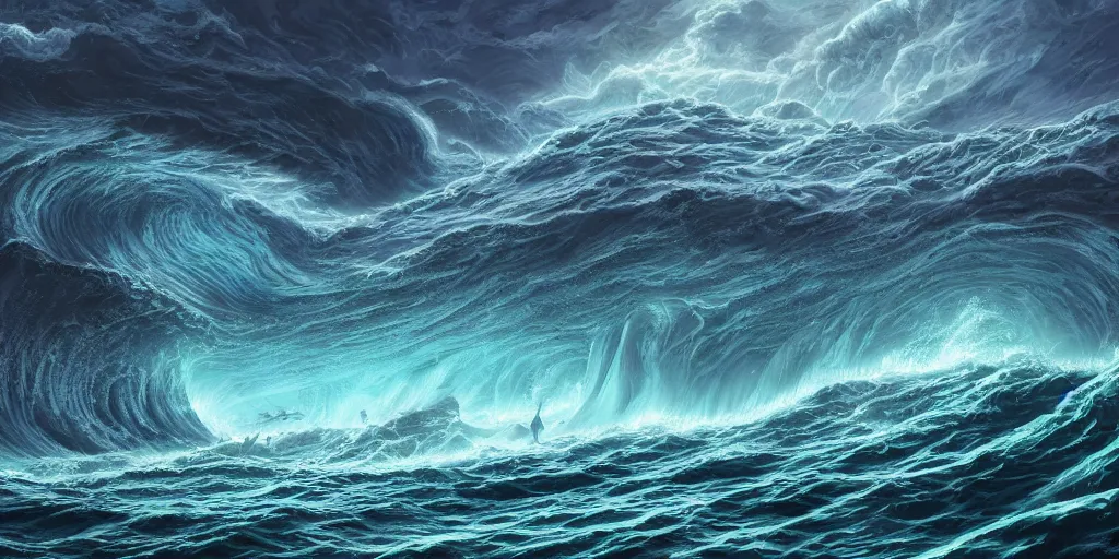 Prompt: A Beautiful Depiction of An Ocean Maelstrom, Digital Matte Illustration by Dan Mumford and M.W Kaluta, 8k resolution, detailed matte painting, 4k, beautiful lighting, HDR, IMAX, Cinema 4D, shadow depth, Wrathful Ocean Maelstrom