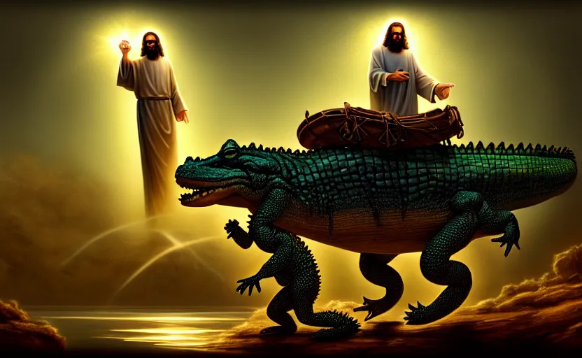 Image similar to jesus rides an aligator, cinematic, fantasy, hyper detailed, digital painting, 4 k realistic, trending on artstation, sharp focus, john banovich, photographer art wolfe, light source on left