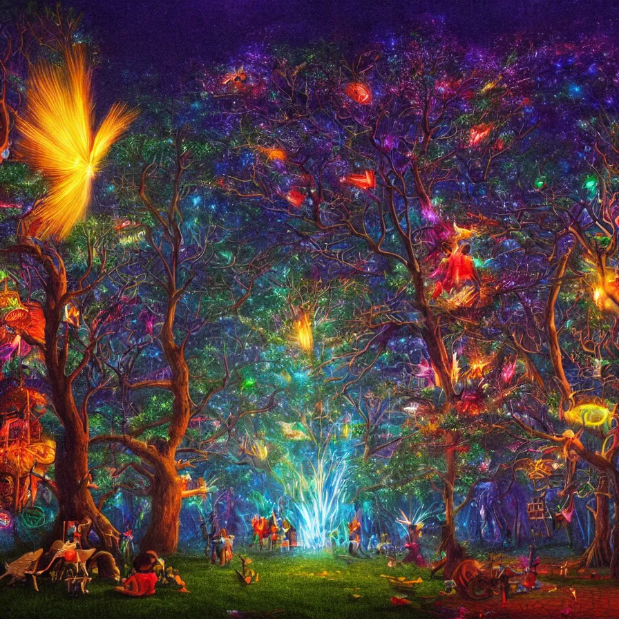 Prompt: closeup of a night carnival around a magical in a summer storm, tree cavity with a music scenario with many fireworks and christmas lights,, volumetric lightning, intense colored god rays in the sky, folklore people disguised with fantastic creatures in a magical forest by summer night, masterpiece painted by rob gonsalves, scene by dark night environment, refraction lights,