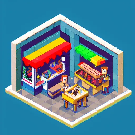 Image similar to isometric 1 6 bit pixel art ice cream shop, cyberpunk, kai vermehr