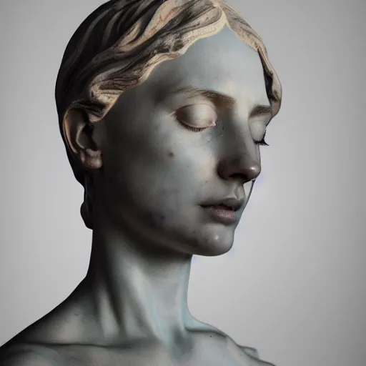 Image similar to artistic portrait of a crying female marble statue, art by alessio albi 8 k ultra realistic, sadness, lament, wings, lens flare, atmosphere, glow, detailed, intricate, full of color, led lighting, trending on artstation, 4 k, hyperrealistic, 3 5 mm, focused, extreme details, unreal engine 5, masterpiece