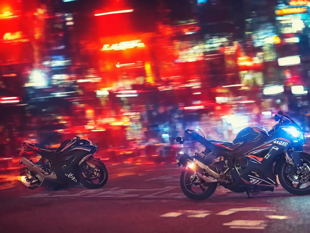 Prompt: a Photorealistic hyperdetailed hyper realistic dramatic moody Low angle night time close up render of biker speeding on a GSX R1000 in the middle of busy shibuya crossing Tokyo,multiple red and orange light trails by,Beautiful dramatic moody tones and lighting,cinematic atmosphere,photorealism,8K