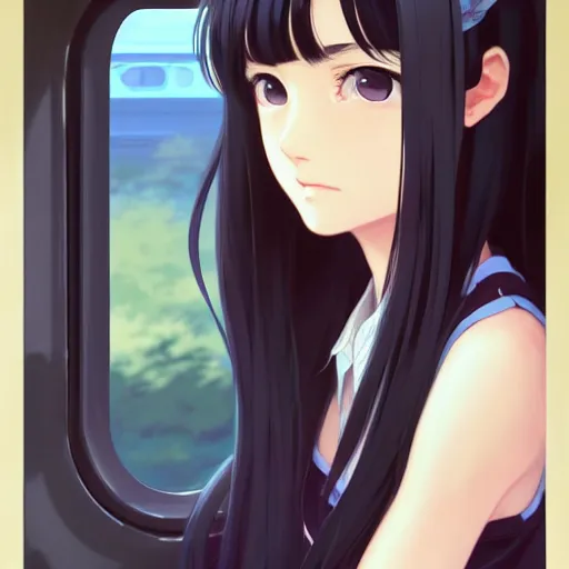 Image similar to a beautiful girl with long dark hair, sitting alone inside of a train, sharp focus, intricate, digital painting, artstation, official media, anime key visual, highly detailed, rich vivid colors, ambient lighting, illustration, art by Artgerm, Makoto Shinkai, Ilya Kuvshinov, Lois Van Baarle, and Rossdraws