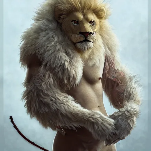 Image similar to a photorealistic dramatic fantasy render of a muscular albino male furry anthro lion wearing a beautiful intricately detailed japanese white snake kitsune mask and clasical japanese kimono by wlop, artgerm, greg rutkowski, alphonse mucha, beautiful dynamic dramatic dark moody lighting, shadows, cinematic atmosphere, artstation, concept design art, octane render, 8 k