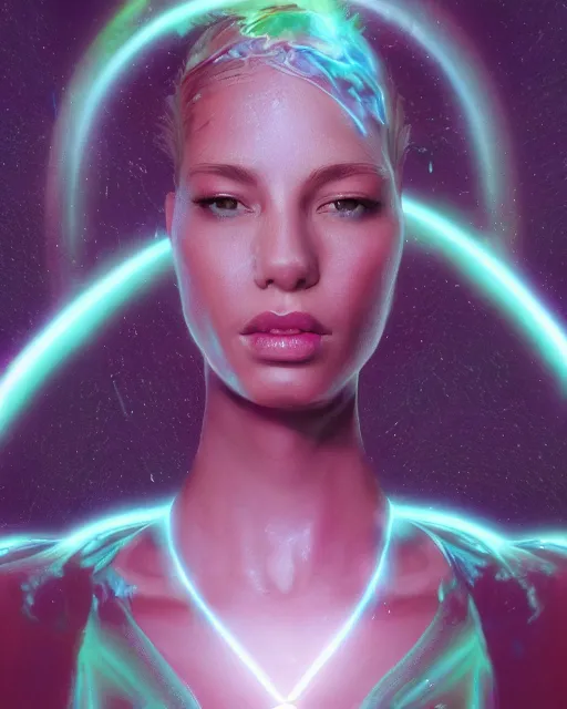 Image similar to a powerful beautiful energy woman, by alexander fedosav, hyper detailed digital matte painting, concept art, hyperrealism, 1 6 k resolution, cinema 4 d, 8 k resolution, trending on artstation, behance hd, a masterpiece, by stephan martiniere, particles, cel - shaded, power bright neon energy, by david a. hardy,