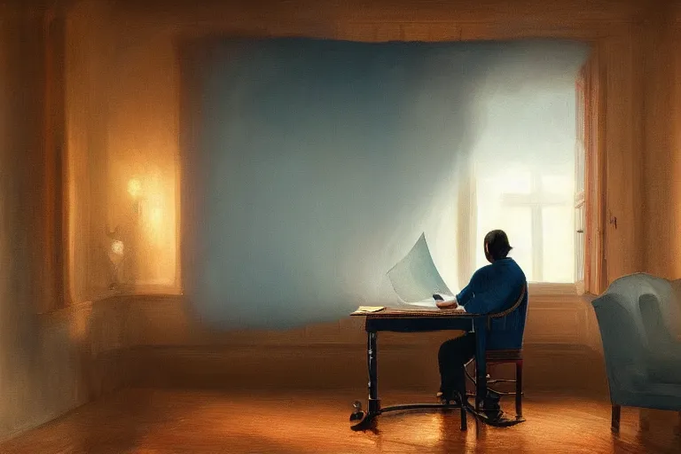 Image similar to a painting of a man writing in a large tome in a foggy room by jama jurabaev, cinematic shot, trending on artstation, high quality, ultra realistic, blue color theme