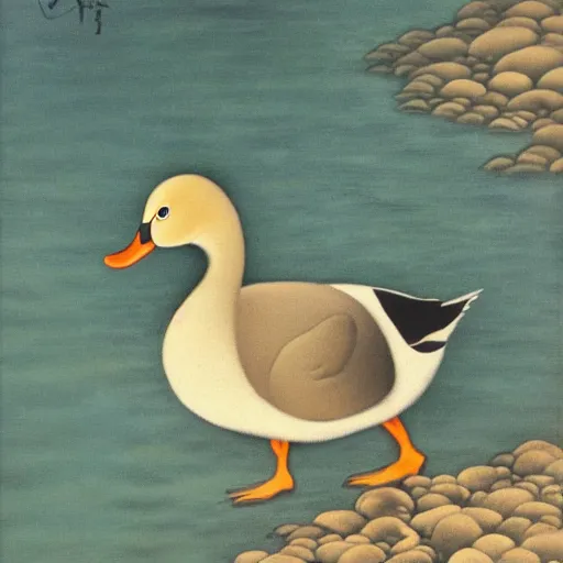 Prompt: a duck on the prowl oil painting Tsuguharu Foujita