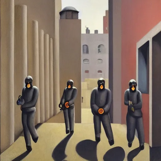 Image similar to drab workers wearing gas masks walking along cloisters, watched by fascist robots, brutalist courtyard, dystopian, pj crook, edward hopper, oil on canvas