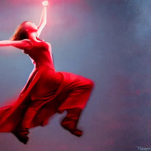 Image similar to the scarlet witch levitating, red light, human version, hyper realistic