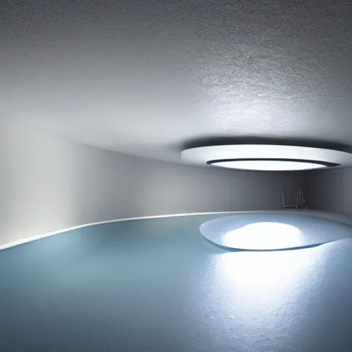 Prompt: an underground pool in an all white room with a low rounded textured ceiling, surreal, liminal, dreamlike, photo, dark, dim lighting
