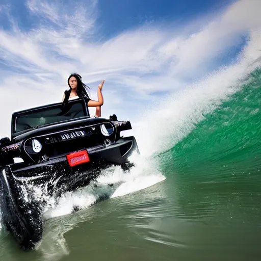 Image similar to an angry asian girl surfing on a black jeep wrangler