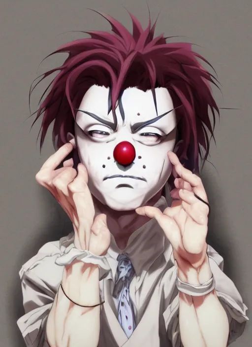 Image similar to portrait of the depressed clown removing his makeup, anime fantasy illustration by tomoyuki yamasaki, kyoto studio, madhouse, ufotable, trending on artstation