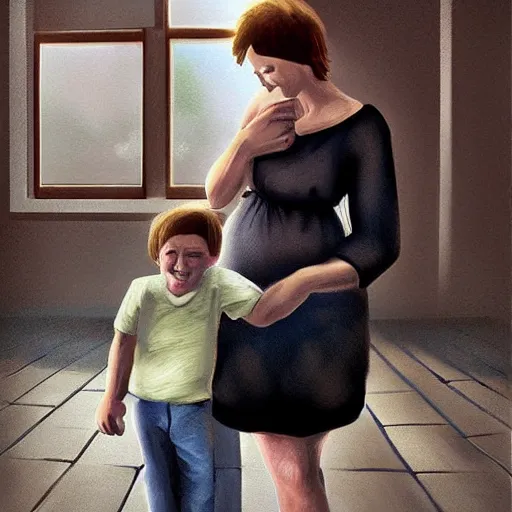 Prompt: illustration beautiful cinematic hyperrealism style where a mother appears with her happy son
