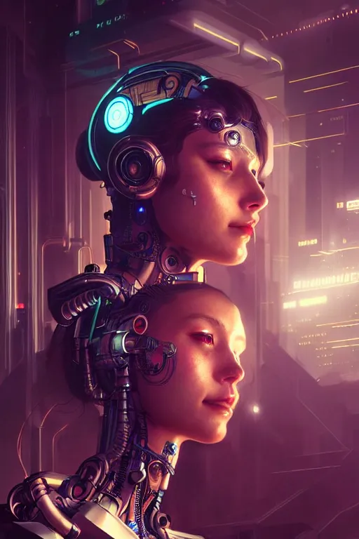 Image similar to ultra realistic, beautiful female cyborg in a crowded smoky cyberpunk club in space megalopolis, sci - fi, intricate details, eerie, highly detailed, octane render, 8 k, art by artgerm and alphonse mucha and greg rutkowski