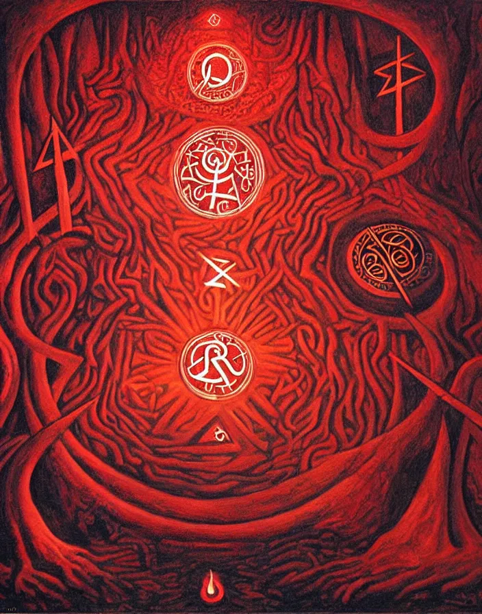 Image similar to beautiful painting of a summoning circle spell with runes in a dark cave, tarot, complex environment, by johfra bosschart, fractals, red liquid glowing metal veins, details