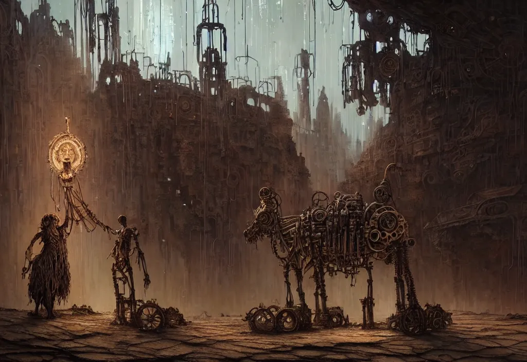 Prompt: A human in shamanistic robes performs a magical ritual to resurrect a mechanical horse inside a ancient steel ruins are covered with barchans of sand. Art by Finnian MacManus, Simon Stalenhag, Arthur Rackham. Masterpiece, closeup, fantasy art, cinematic, hyperdetailed, photorealistic, cyberpunk, postapocalyptic, steampunk, hyperrealism, octane render, 8k