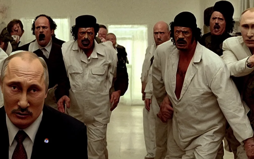 Prompt: horror film human centipede with lukashenko putin gaddafi in roles movie screenshot