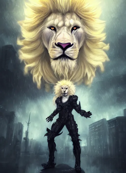 Prompt: aesthetic portrait commission of a of a male fully furry muscular anthro albino lion with a tail and a beautiful attractive hyperdetailed face wearing stylish and creative torn open black and yellow heavy outfit in a sci-fi dystopian city at golden hour while it storms in the background with bright police sirens lighting up the subject. Character design by charlie bowater, ross tran, artgerm, and makoto shinkai, detailed, inked, western comic book art, 2021 award winning painting