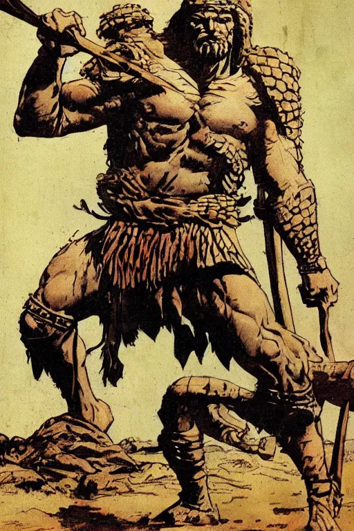 Image similar to ancient historically accurate depiction of the Bible Character Goliath of Gath, the Philistine warrior giant by frank miller