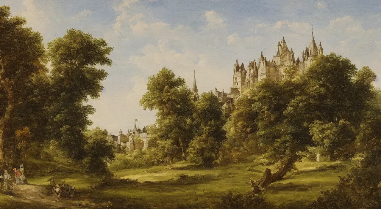 Image similar to a landscape painting of a French castle, with a garden