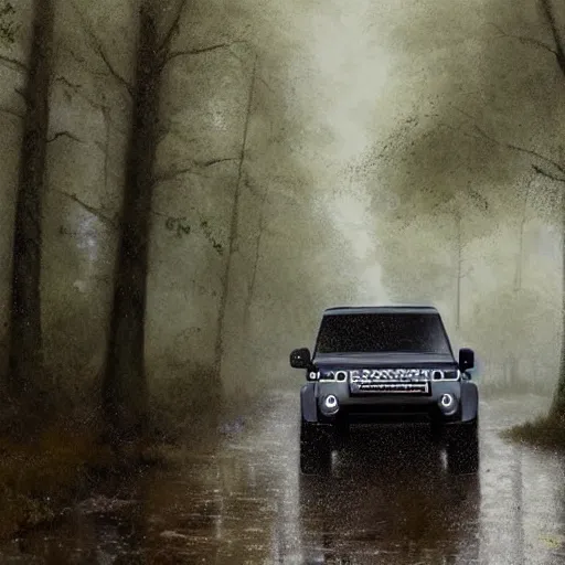 Image similar to a landrover crossing the a forest path while its raining, digital art, artstation, photgraphy, highly detailed, digital painting, artstation, concept art, sharp focus, illustration, art by greg rutkowski and artgerm