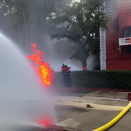 Prompt: Firefighters spraying firehose that only sprays flaming gasoline on to a flaming building