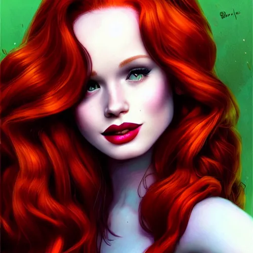 Image similar to beautiful Madelaine Petsch poison ivy DC comics taking a selfie, evil smile, realistic character concept, medium shot, fun pose, comic book, illustration, slender symmetrical face and body, artstation, cinematic lighting, hyperdetailed, high resolution, Charlie Bowater, Tom Bagshaw, single face, insanely detailed and intricate, beautiful