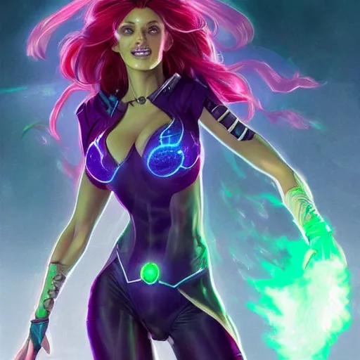 Prompt: ultra realistic illustration, bella thorne as starfire anime with glowing green eyes, intricate, elegant, highly detailed, digital painting, artstation, concept art, smooth, sharp focus, illustration, art by artgerm and greg rutkowski and alphonse mucha