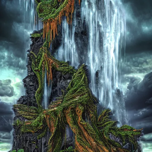 Prompt: waterfall of abomination soulstream, in the style of alejandro mirabal, dramatic, tragic, intricate, detailed, beautiful, 8 k resolution