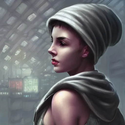 Image similar to character portrait of a 1950s girl in a hoodie, pixie cut, shaved side of head, dystopian cyberpunk steampunk soviet mood, intricate, wild, highly detailed, digital painting, artstation, upper body, concept art, smooth, sharp focus, illustration, art by artgerm and greg rutkowski and alphonse mucha