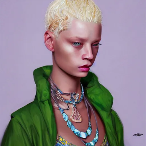 Prompt: A masterpiece portrait of a Incredibly beautiful albino African albino girl albino model.Sharpen With big bright African jewelry. In wonderful African clothes. Vogue. trending on artstation, digital art, by Stanley Artgerm Lau, WLOP, Rossdraws, James Jean, Andrei Riabovitchev, Marc Simonetti, Yoshitaka Amano