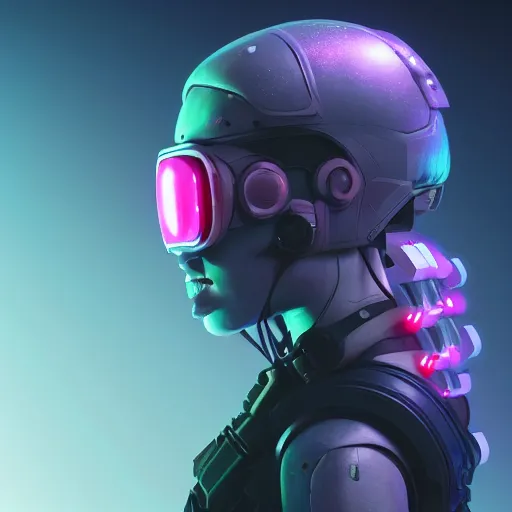 Image similar to cyberpunk concept cool warrior girl bot, cinema 4 d, galaxy, ufo, space sci - fi, wearing vr goggles, illustration, portrait, pastel neon textured background night, trending on artstation, greg rutkowski, octane rendered, 1 2 k, detailed,