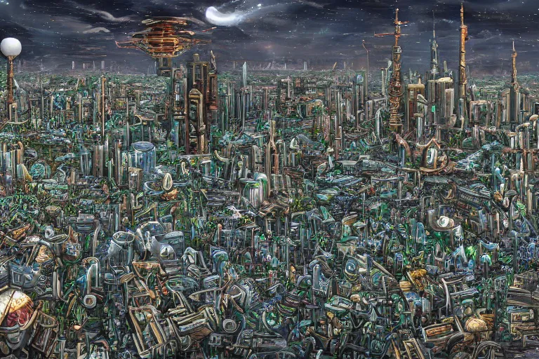 Image similar to high quality detailed 16k panoramic view of biomechanical space city