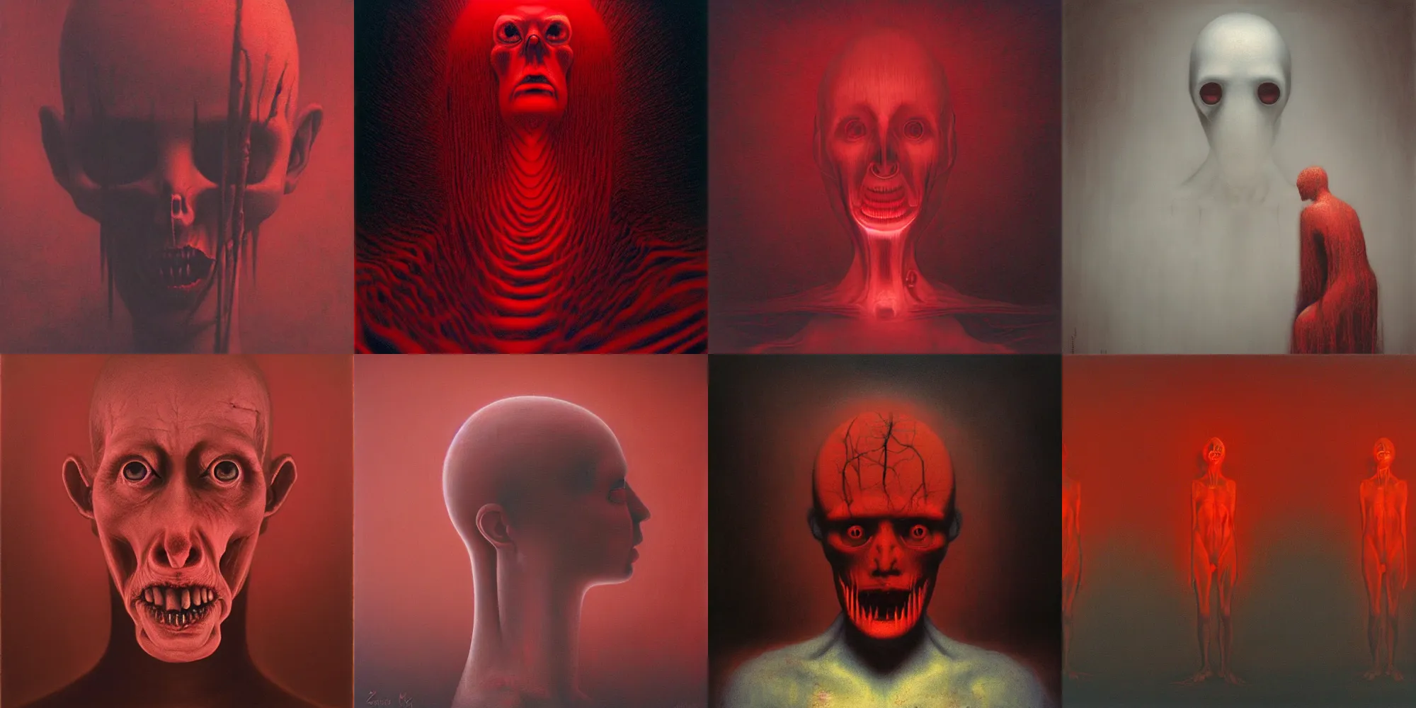 Prompt: internal conflict, ken currie, zdzisław beksinski, dark, morbid, red glow