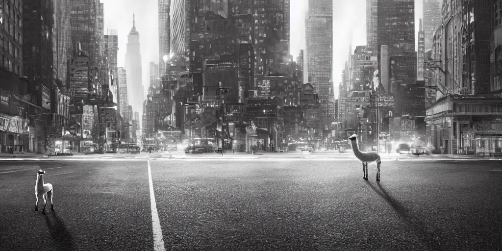 Image similar to a llama walking through a desolate manhattan city street at night, statue of liberty seen in the background, realistic 4 k octane beautifully detailed render, 4 k post - processing, highly detailed, detailed face, intricate complexity, epic composition, magical atmosphere, cinematic lighting, masterpiece, color picture, ultra hd