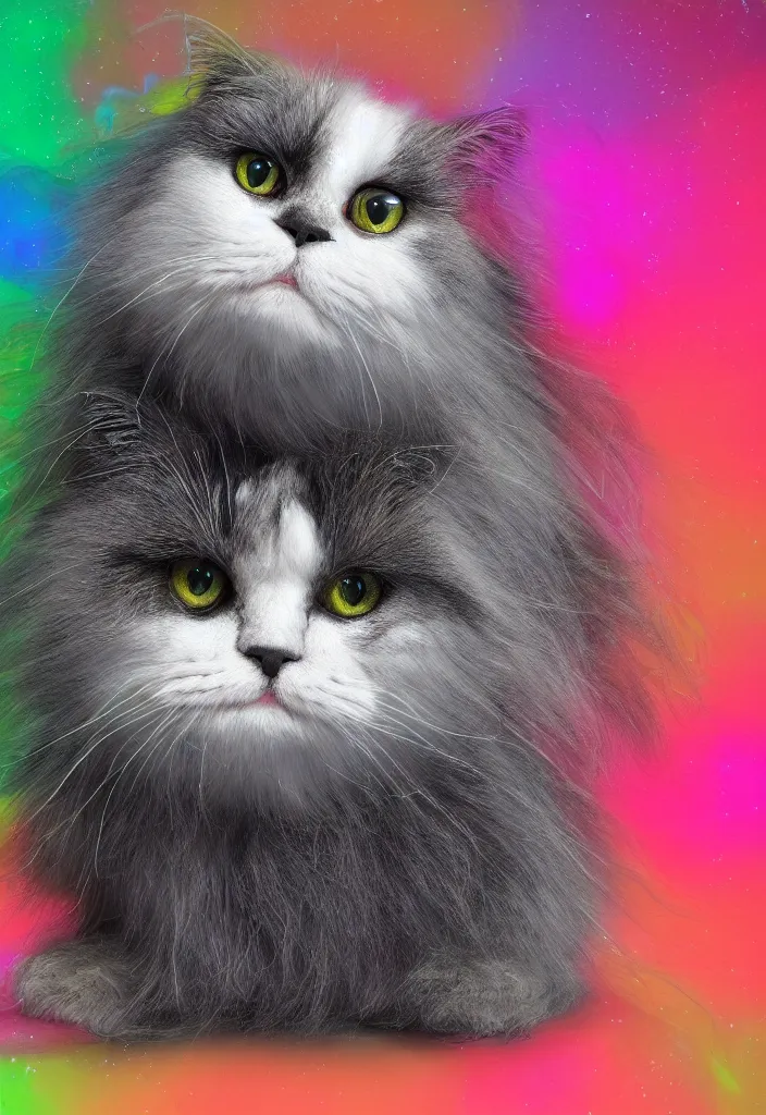 Image similar to longhair floof fluffy coiffed groom elegant gorgeously cfa champion cute pretty scottish fold cat, radiant with mathematical diagrams hologram overlay revealing a complex inner mechanations, detailed painting, grisaille dark monochrome with neon fluorescent color airbrush spraypaint accents, by jules julien, wes anderson, lisa frank, octane render 4 k