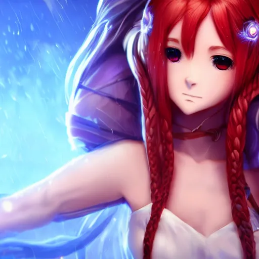 Prompt: eris boreas render as a very beautiful 2d anime girl, hot petite, long braided orange red hair, hazel eyes, full round face, short smile, cinematic lightning, medium shot, mid-shot, highly detailed, trending on Artstation, Unreal Engine 4k, cinematic wallpaper