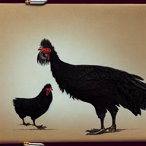 Image similar to a majestic black chicken with royal 'red!!! comb!!!', colored ultra-detailed pen and ink illustration, matte painting, concept art, impossible fine lines, by John Kenn Mortensen