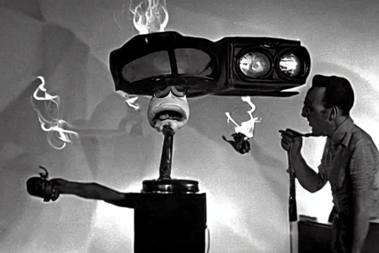 Image similar to a subgenius with smoking pipe is shocked and sees an alien on his television in his living room. sparks and smoke come out of the television. film still from 1 9 5 0 s sci - fi