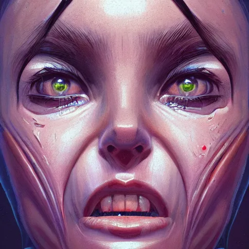 Prompt: wide open wife mouth, close - up, cry, cruelty, defiant, pin - up, full lips, symmetrical teeth, light effect, hyper detailed, intricate, elegant, highly detailed, digital painting, artstation, concept art, matte, sharp focus, illustration, by dan mumford, yusuke murata, makoto shinkai, ross tran