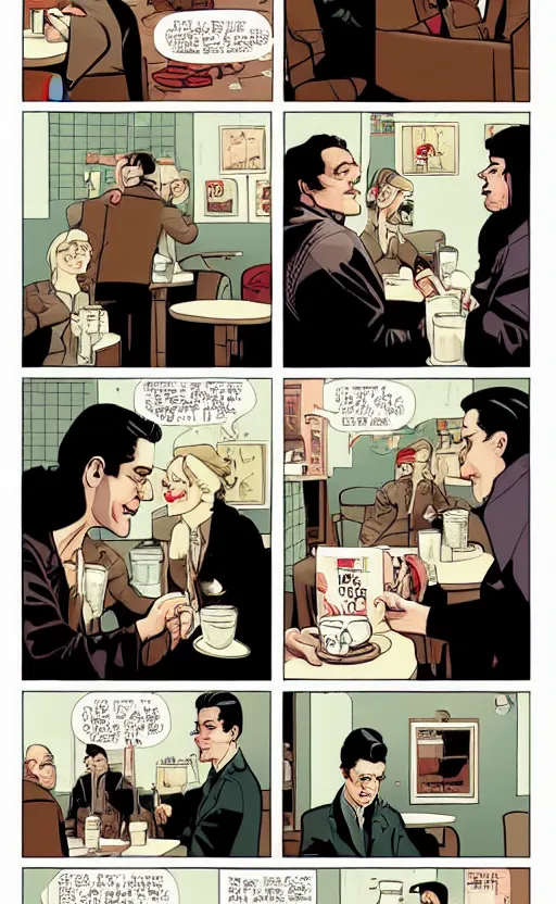 Image similar to Twin Peaks comic page of Dale Cooper feeling love and comfort with coffee & pie in the RR Diner by Tomer Hanuka