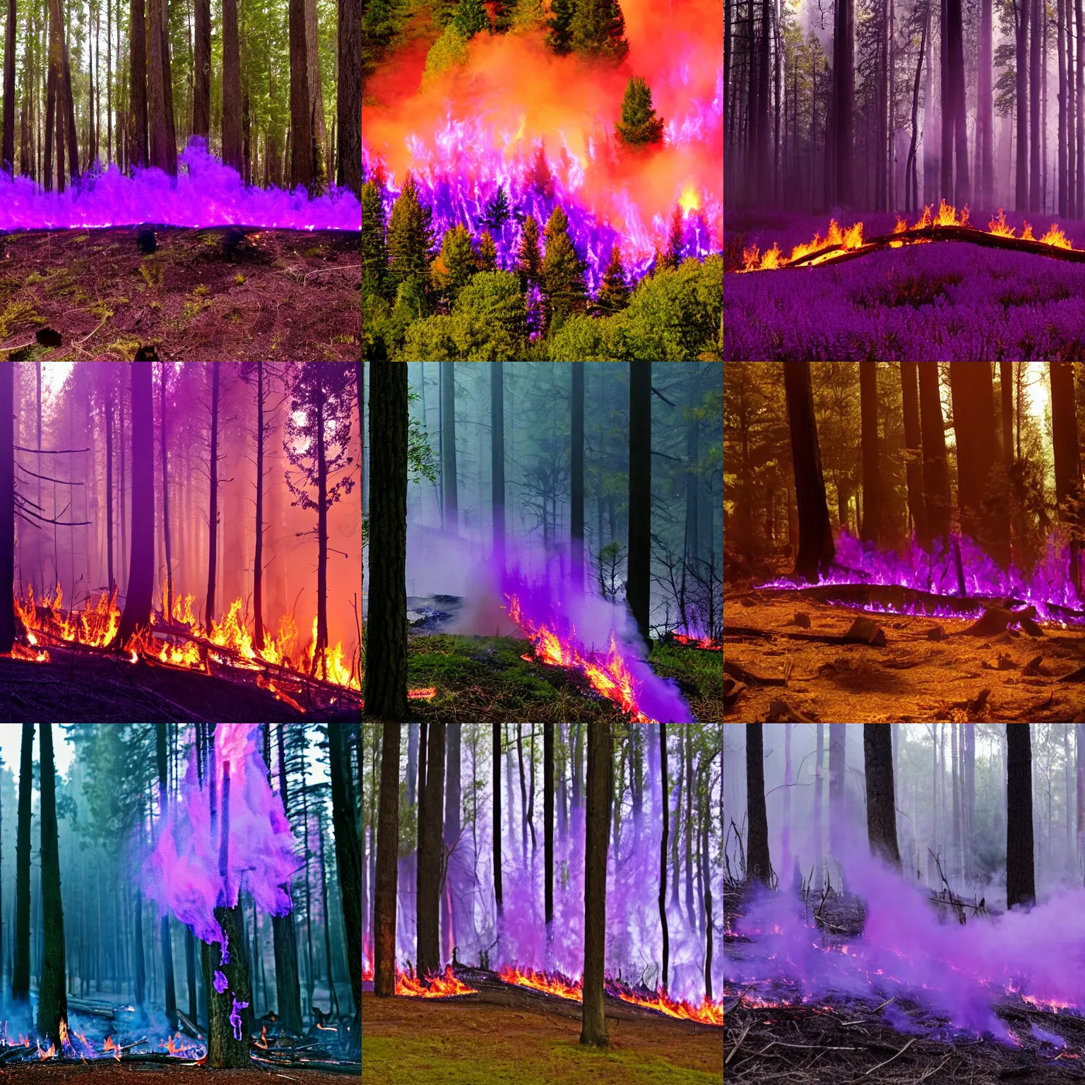 Prompt: forest burning with purple fire