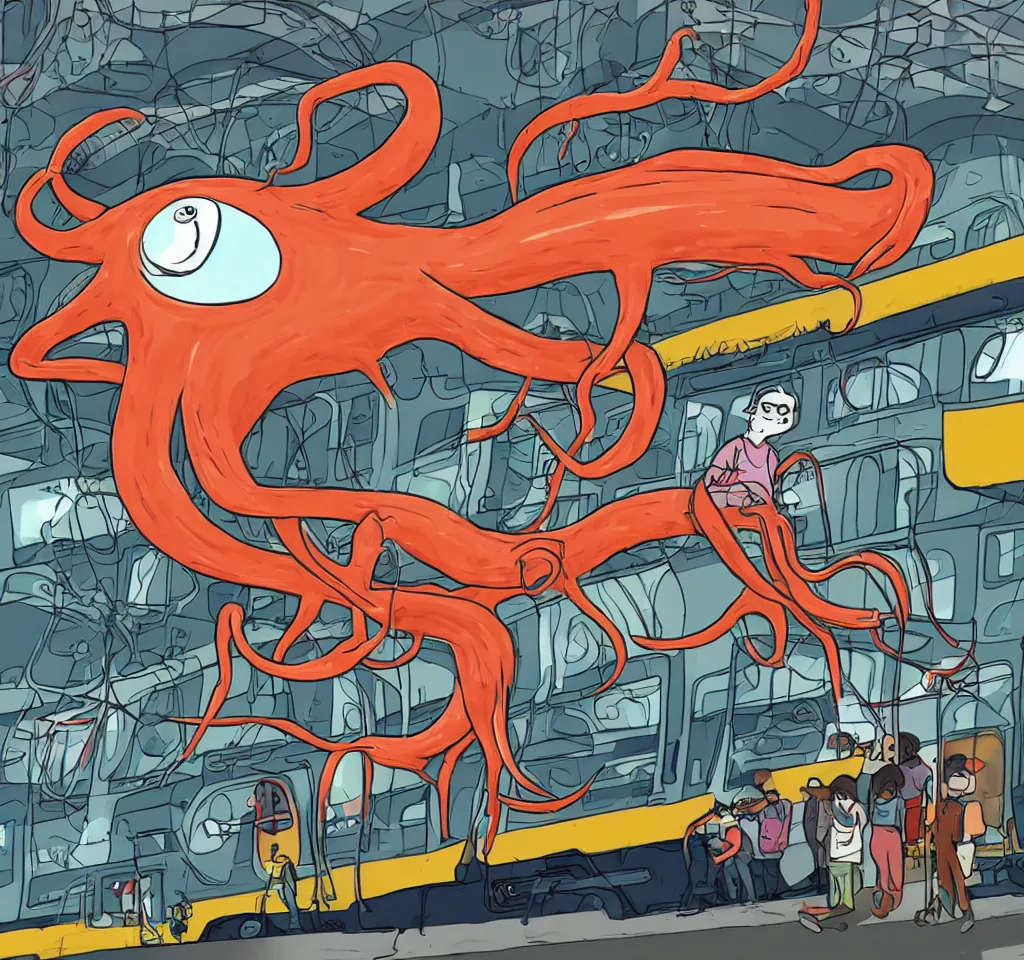 Image similar to a giant squid commuting to work on a suburban train, sponsored by burger squid king. the squid is drawing a technical diagram of a machine which will enslave humanity.