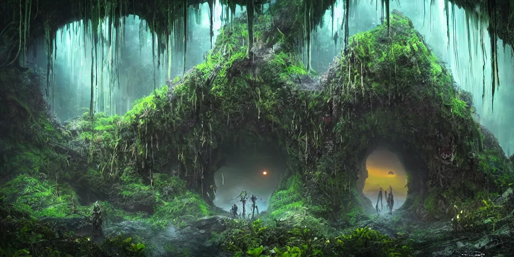 Prompt: magnificent mechanical steampunk monster looking eerily into a cave entrance with lush vegetation and mystical (((glowing algae))) in the sunset, light coming through from holes in the ceiling, waterfalls, desaturated, creepy ambiance, dangerous, sharp focus, highly detailed, artgerm