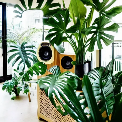 Prompt: a large room covered with tropical plants and speakers, minimal style