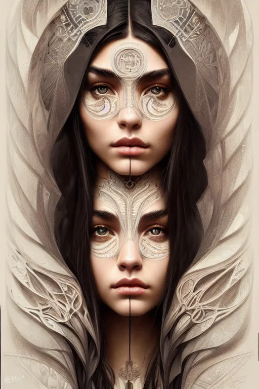 Image similar to symmetry!! portrait of madison beer, machine parts embedded into face, intricate, elegant, highly detailed, digital painting, artstation, concept art, smooth, sharp focus, illustration, art by artgerm and greg rutkowski and alphonse mucha, 8 k