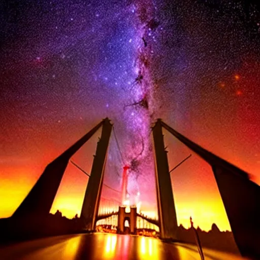 Image similar to Twin Towers between towers is a distant Golden Gate Bridge, glowing black hole in the night sky in front of the Milky Way, red-hooded magicians casting purple colored spells towards the towers, white glowing souls flying out of the towers to the black hole in the style of The Lord of the Rings